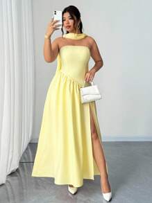 Elenzga 大码女式优雅纯色露肩不对称下摆开叉下摆百搭设计感派对连衣裙，浪漫约会长款连衣裙