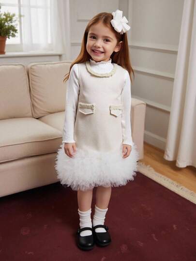 2件套少女白色纯色长袖上衣和网眼拼接无袖连衣裙