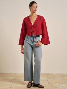 Airaco Camisa de mujer de manga larga roja con nudo delantero, primavera - Rojo - Ver 4