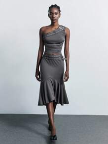 Maija Women's Dark Grey Summer Boyish Night One Shoulder Top,Adjustable Buckle Design Ruched Sleeveless Blouse, Y2k Concert Date Night Top - Grey - View 3