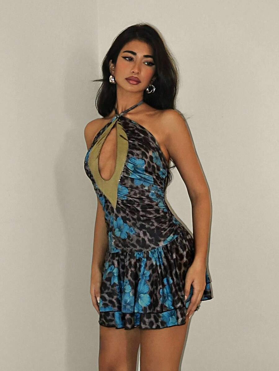 EgrlEra Women's Crossover Neck With Coated Splices Animal Print Retro Mini Dress Vintage Party Style - Multicolor - View 1