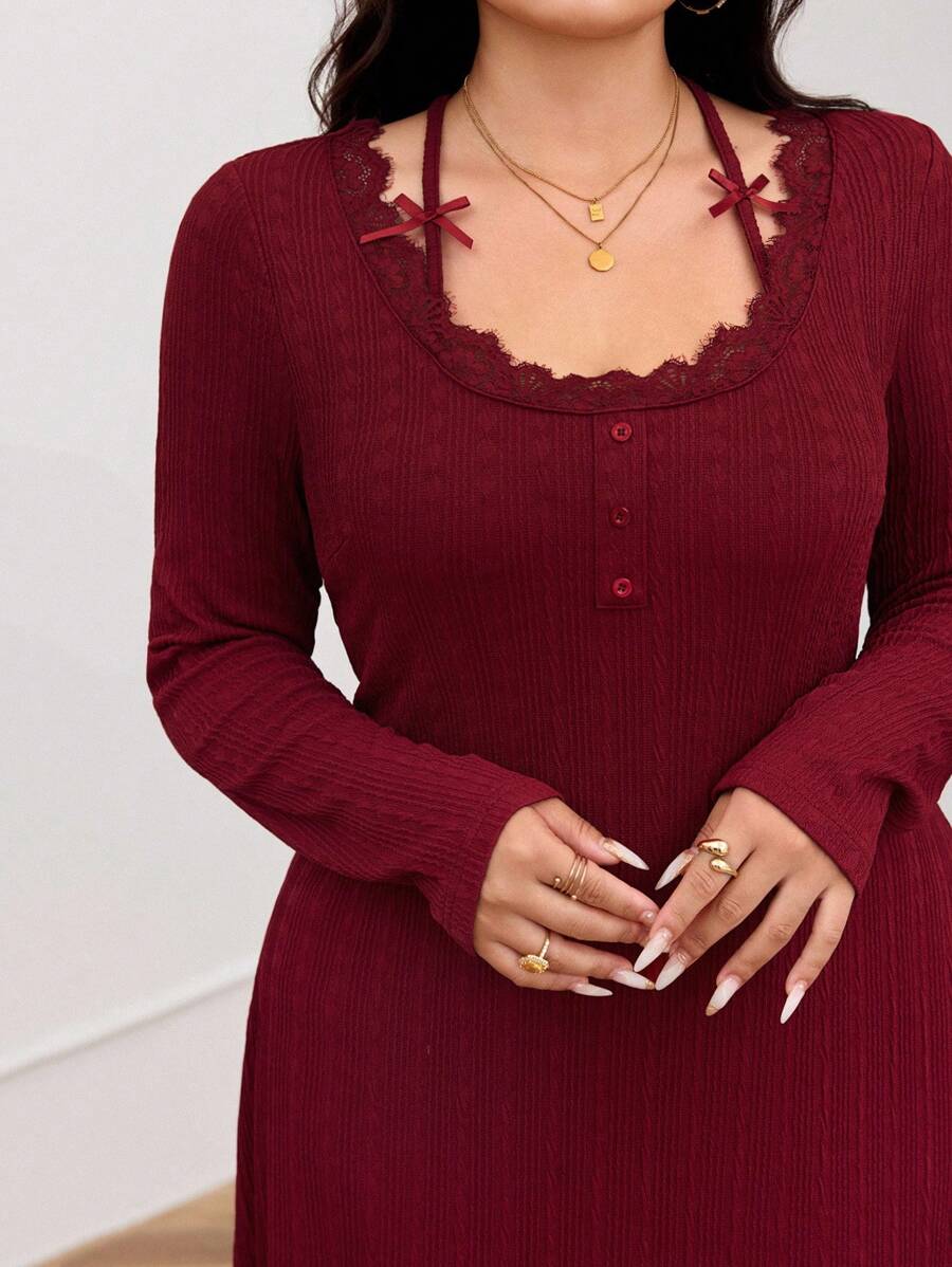 Feyla Plus Size Elegant Solid Color Lace Trim Dress - Burgundy - View 1