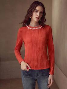 MOTF PREMIUM FAUX PEARL TRIM SLIM FIT T-SHIRT - Orange - View 4