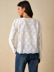 Poéselle Women's Shirts Embroidered Shirts Shell-Edge Shirts White Shirts Long-Sleeved Shirts Women's Elegant Commuter Solid Color Hollow Embroidery Blouse Fall Clothes For Women Autumn Clothes Fall Outfits For Women Women's Winter Clothes - White - View 4