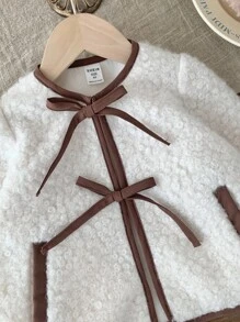 SHEIN 年轻女孩系带撞色饰边，秋冬保暖长袖，法兰绒系带撞色饰边蝴蝶结外套，适合玩耍、日常穿着、上学 - 杏色 - 查看 3