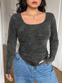 SHEIN EZwear Acid Wash Distressed Plus Size Scoop Neck Cropped T-Shirt - Black - View 1