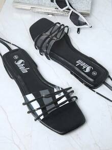 SHUZIA Square Toe Strappy Leg Wrap Flat Sandals - Black - View 2