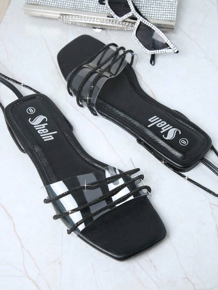 Square Toe Strappy Leg Wrap Flat Sandals