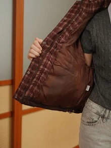 SHEIN Unity 女士格子袖口单排扣休闲宽松冬季夹克 - 咖啡棕 - 查看 6