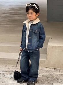 SHEIN Little Byeori 2pcs Young Boy Blue Denim Fleece Collar Long Sleeve Jacket And Loose Fit Thick Pants Set, Suitable For Autumn/Winter Outings Fall