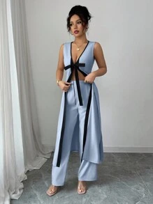 Selianne 时尚优雅年轻女性V领无袖上衣和阔腿裤两件套，休闲街头风格，春夏