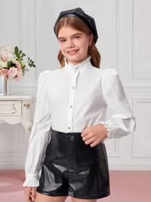 SHEIN Tween Girl Loose Solid Color Puff Sleeve Shirt - White - View 10