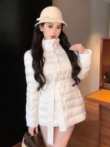 DAZY 女式格纹收腰轻薄夹棉外套，修身版型，秋冬夹克 - 米色 - 查看 6