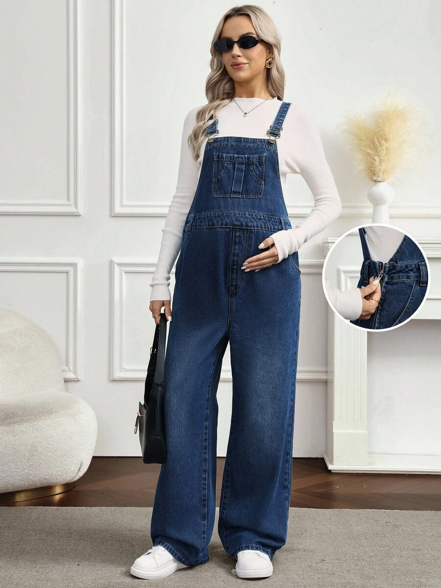 SHEIN Maternity Casual & Commute Loose Denim Bib Pants
