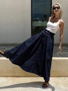 Livesso Summer New Loose Casual Distressed Washed Denim Skirt For Women - Dark Wash - View 4