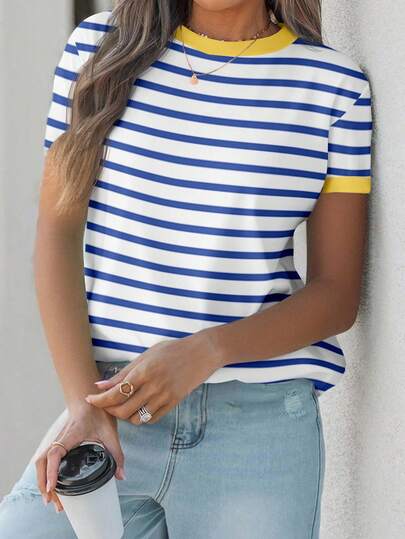 EMERY ROSE Casual Striped Pattern Round Neck Short Sleeve Loose T-Shirt For Women, Suitable For Summer Blue And White Striped Shirt Nautical Top Striped Top Short Sleeve Top,Casual