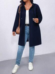 EMERY ROSE Plus Size Casual Solid Color Hooded Jacket Fall Winter Cloth For Women Autumn - Navy Blue - View 6