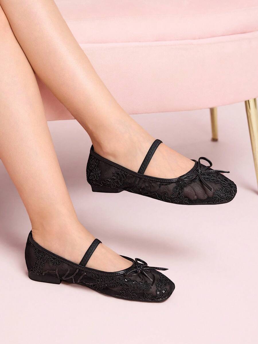 CUCCOO DOLLMOD Giày bệt Mary Jane lưới thêu nơ xinh xắn màu đen thanh lịch dành cho nữ - màu đen - Xem 1