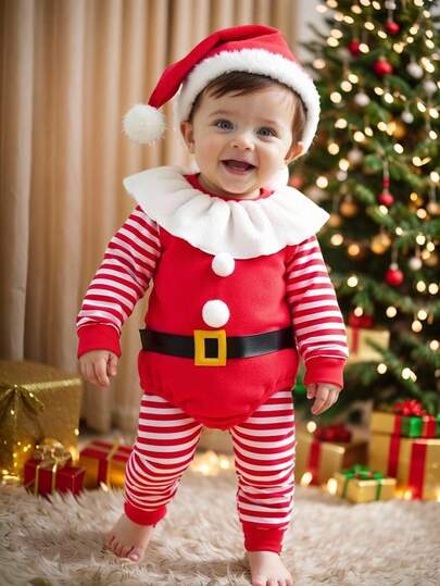SHEIN Playful Pals 3pcs Baby Boy Christmas Outfit Set: Cute Romper, Striped Envelope Collar Jumpsuit, And Hat, Winter Clothing Baby Christmas Clothing Infant Christmas Outfit Baby Santa Costume Baby Santa Outfit
