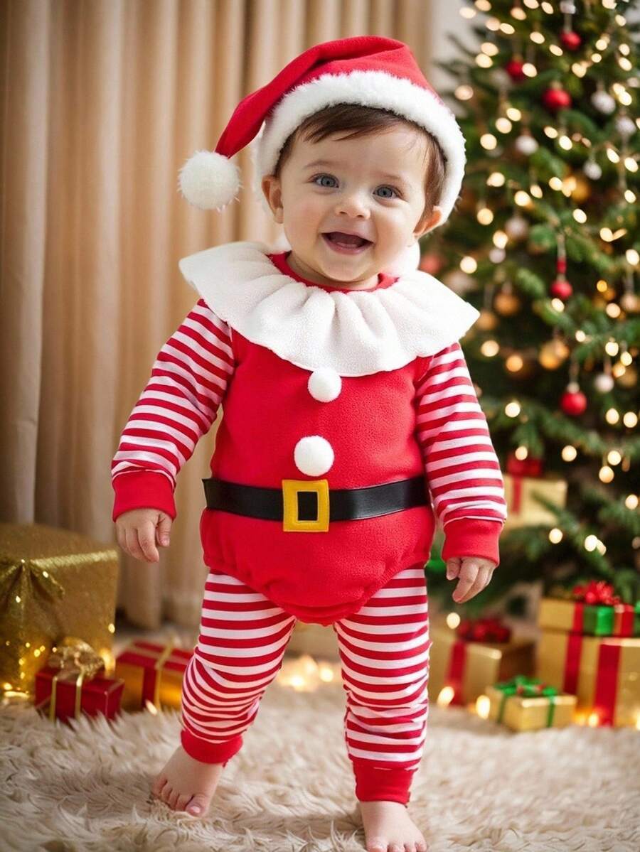 SHEIN Playful Pals 3pcs Baby Boy Christmas Outfit Set: Cute Romper, Striped Envelope Collar Jumpsuit, And Hat, Winter Clothing Baby Christmas Clothing Infant Christmas Outfit Baby Santa Costume Baby Santa Outfit
