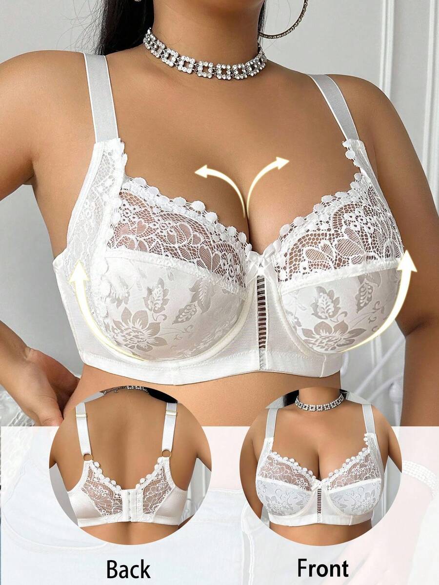 DesireSculpt 1pc Plus Size Lace Patchwork Underwire Bra, Lift - White - View 1