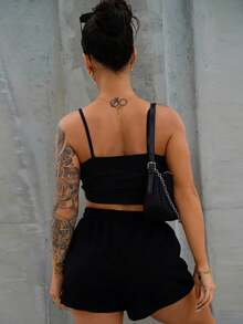 SAYEHFBABY Basic Knit Stretchy Cross & Rhinestone Decor Cami Top And Shorts Set For Women, School