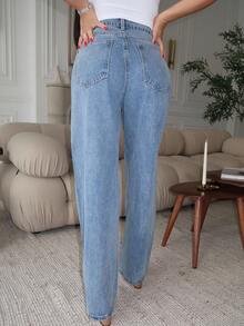 Durrani Popal Solid Color Loose Fit Wide Leg Long Denim Pants - Medium Wash - View 2