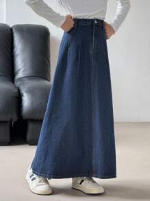SHEIN Tween Girls Casual Elegant Dark Solid Washed Denim Long Skirt With Pleated, Fall/Autumn Winter Elegant Jeans Skirt,Business Professional Work Girl Oufits,Girls Back To School Homecoming Outfits, Jean Skirt, Jean Skirts For Women, Denim Skirt, Long Jean Skirt, Long Denim Skirt