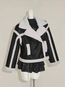 SHEIN ICON Damen Schwarze und Weiße Lässige Locker Kragen Langarm Einreihige Jacke, Herbst/Winter - Schwarz und Weiss - Übersicht 14