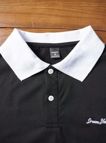 HIMLAND Men Letter Graphic Contrast Trim Polo Shirt - Black - View 6