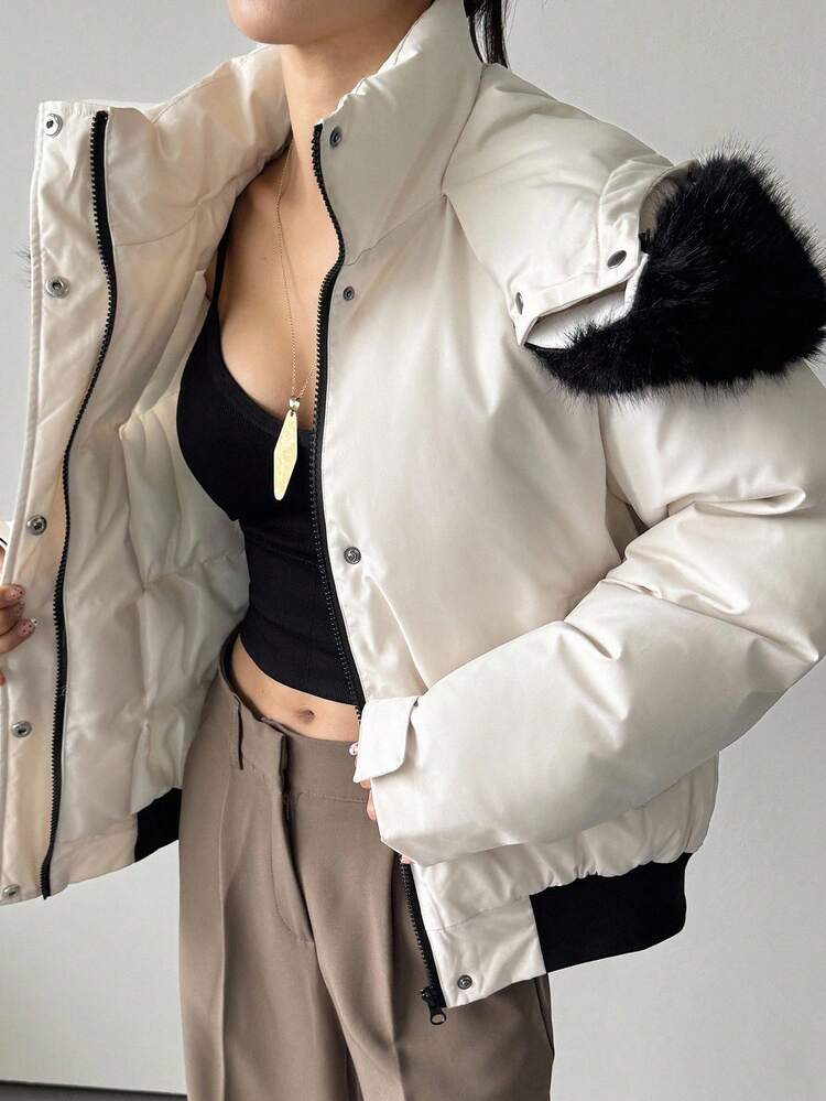 Color Block Hooded Faux Fur Collar Women's Winter Jacket Women Coats
