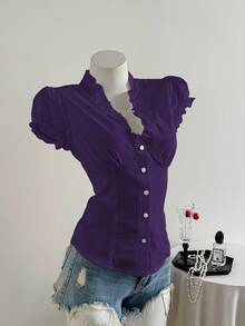 SHEIN Unity 极简美式风格白色荷叶边V领短袖褶皱腰部修身女式衬衫 - 紫色 - 查看 4