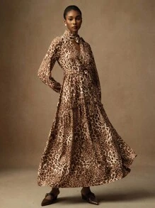Lyxana Abito a campana con stampa leopardata classica, vita elastica, scollo a V, maniche a lanterna, versatile ed elegante, adatto a varie occasioni e fasce d'età - Multicolore - Visualizzare 1