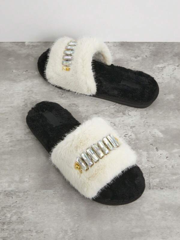 SHUZIA النعال الفراء المريحة للاستخدام المنزلي مع حزام على شكل صليب مزين بالكريستال للنساء