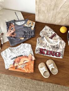 SHEIN 3 件套男童卡通狮子印花长袖套装，活力风格儿童休闲装，适合所有季节 - 彩色 - 查看 8