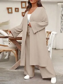 EMERY ROSE Ensemble 2 pièces grande taille, chemise longue cardigan et pantalon droit. Tenue décontractée pour les vacances - Kaki - Voir 4