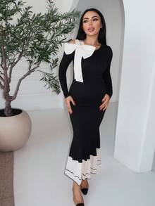 Durrani Popal 女士撞色蝴蝶结长袖连衣裙 - 杏色 - 查看 6