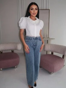 Durrani Popal Lace Trim Puff Sleeve Crop Blouse,Short Sleeve Tops - White - View 1