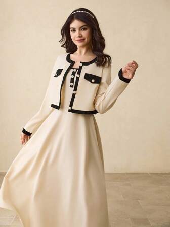 Tonårsflicka med rund halsringning, långärmad kofta och jacka + klänning med spaghettiband, elegant outfit för fest, sammankomster, skolstart