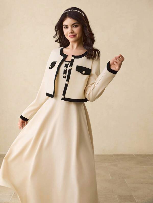 Teen Girl Round Neck Long Sleeve Cardigan Jacket + Spaghetti Strap Dress, Elegant Outfit For Party, Gathering, Back To School Fall Winter