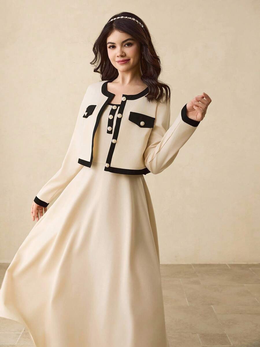 Teen Girl Round Neck Long Sleeve Cardigan Jacket + Spaghetti Strap Dress, Elegant Outfit For Party, Gathering, Back To School Fall Winter