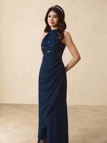 Teenage Girl Contrast Lace Sequin Ruffle Design Elegant Halter Party Dress Fall Winter - Navy Blue - View 3