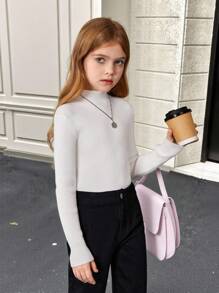 SHEIN Tween Girl Mock Neck Ribbed Knit Jumper - White - View 1