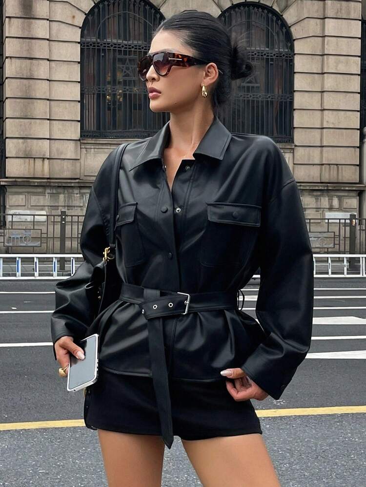 Women's Casual Solid Color Belt PU Jacket, Regular Fit, Autumn Leather Jacket Women Coats