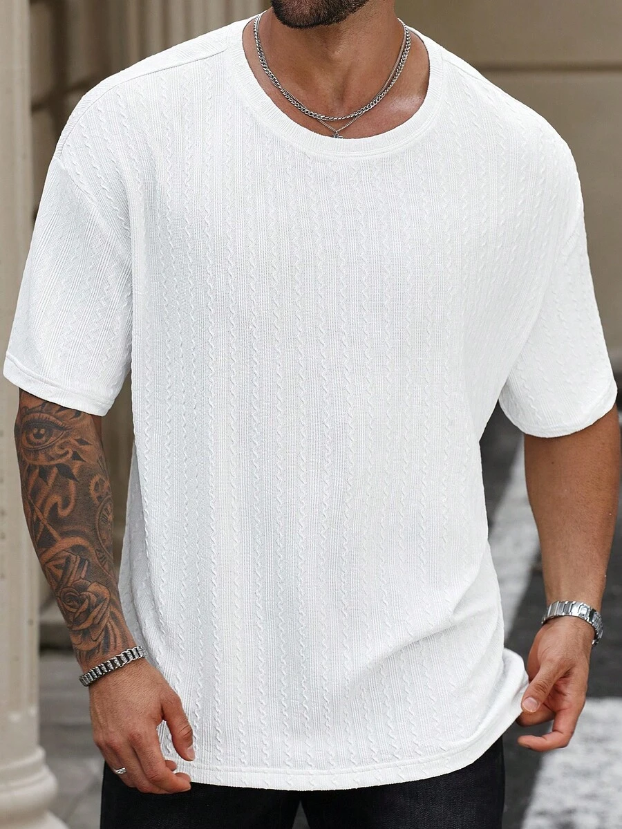 Manfinity Homme 大码男士纯色圆领休闲百搭短袖T恤 - 白色 - 查看 1