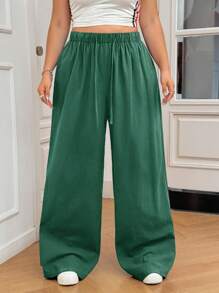SHEIN EZwear 大码休闲纯色阔腿棉裤 - 綠色 - 查看 3