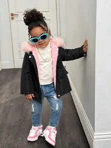 Emery Rose Kids Emery Rose Kids 女婴可爱连帽保暖内衬夹克，秋冬 - 黑色 - 查看 5