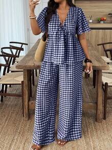 EMERY ROSE Plus Size Plaid Shirt And Pants 2 Pieces Set, Casual Holiday Outfit - Navy Blue - View 1