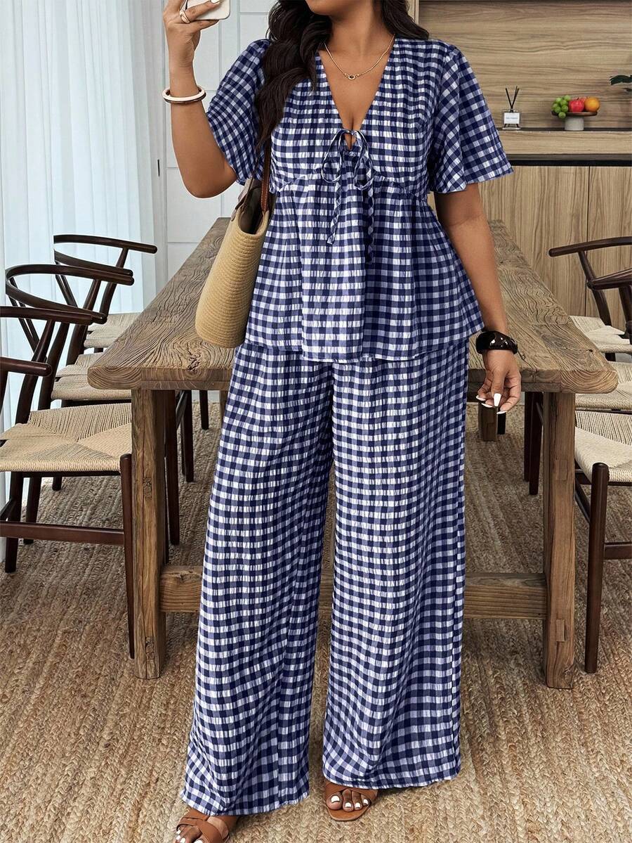 EMERY ROSE Plus Size Plaid Shirt And Pants 2 Pieces Set, Casual Holiday Outfit - Navy Blue - View 1