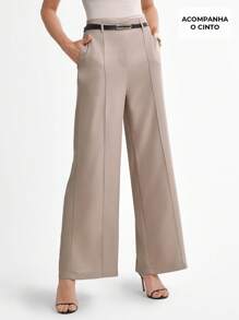 Solid Wide Leg Jeans Without Belt - Khaki - View 3
